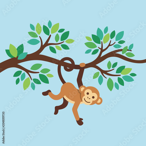 Canvas Print A cartoon monkey hangs from a tree branch with green leaves and blue sky
