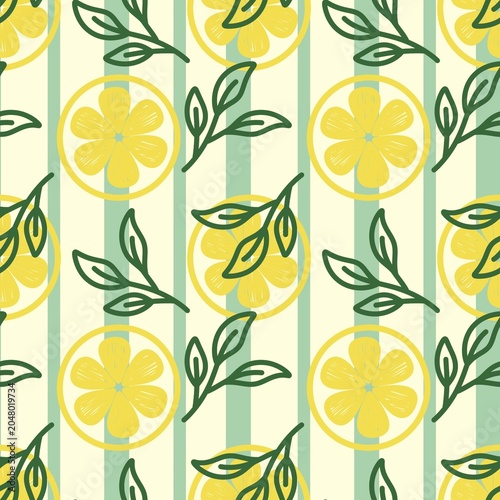 A cheerful raster seamless pattern featuring stylized lemon slices and green leafy branches on a background of vertical mint green stripes. 