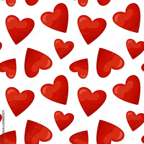 Raster seamless pattern featuring glossy red hearts of different sizes scattered on a clean white background. Perfect for Valentine’s Day designs, greeting cards, and romantic themes.