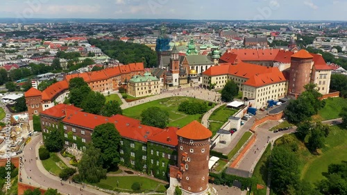 Aerial view of Wawel Royal Castle complex and Krakow cityscape Poland