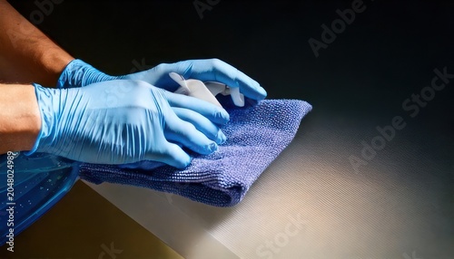 Hands in blue gloves cleaning surface with spray and cloth.