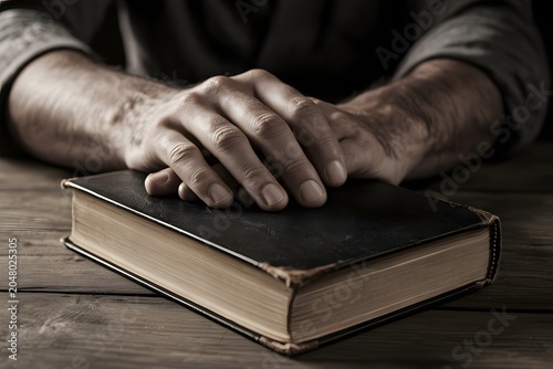 Man hands resting on top of old holy bible book on distressed wooden table