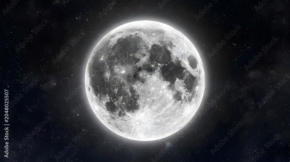 Obraz premium Glowing Full Moon in Dark Night Sky with Stars