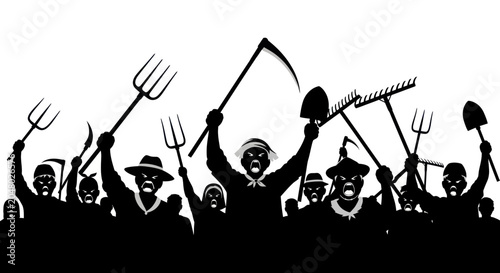 Foto Protesters with farming tools silhouette crowd.