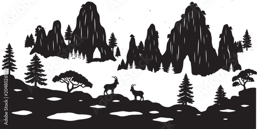 Black and white silhouette illustration of a karst mountain landscape featuring steep limestone peaks, pine trees, and two wild mountain goats standing on a rocky outcrop.