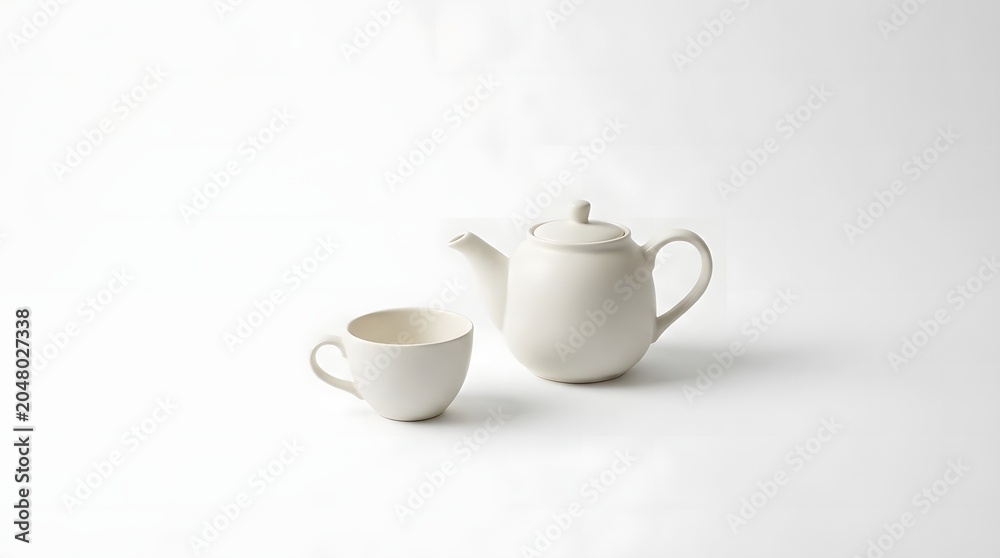 Fototapeta premium A pristine white ceramic teapot and a matching teacup are elegantly displayed on a clean, bright white background, emphasizing their minimalist design and smooth texture.