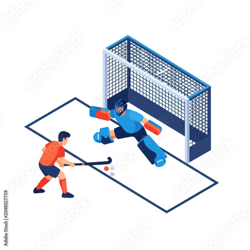 Photography Hockey player shoots at goalie.