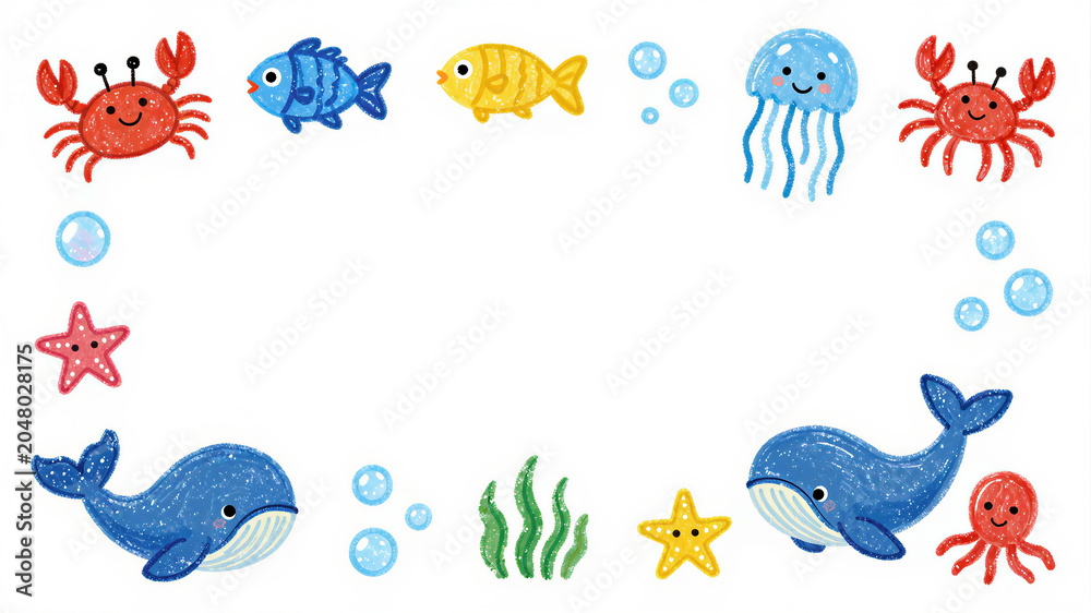 Fototapeta premium a border frame with ocean creatures in the style of kid's drawings with open white space white background