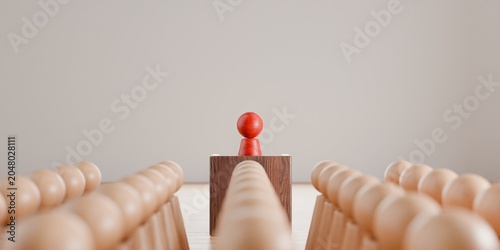 3d wooden pawn figurines, with one highlighted in a different colour, leadership and education, giving a speech