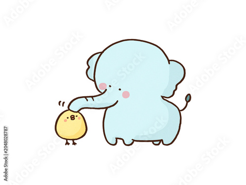 Schilderij op canvas Gentle elephant patting a chick on the head with its long trunk, kindness and su