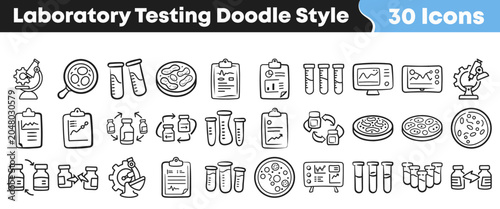 Collection of hand drawn laboratory testing icons in doodle style