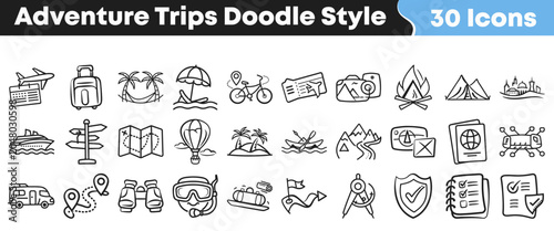 Collection of hand drawn adventure trip icons in doodle style