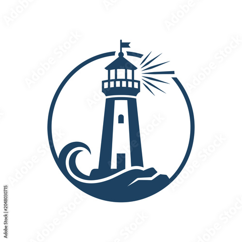 Circular lighthouse icon with stylized blue ocean wave.