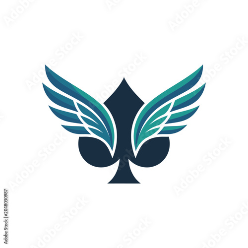 Blue and teal winged spade logo illustration.