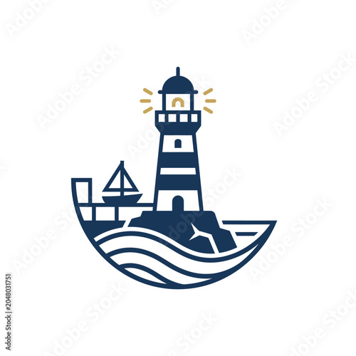 Nautical lighthouse emblem with sailboat and sea waves.