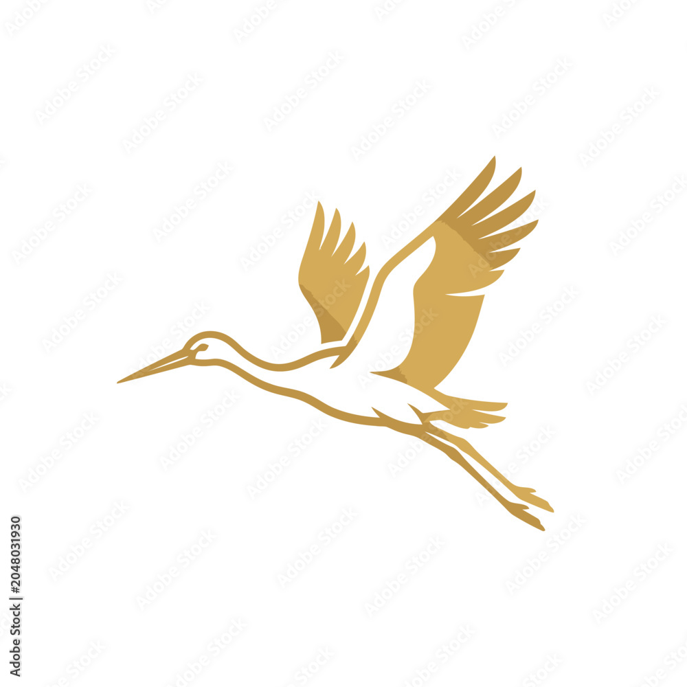 Fototapeta premium Shaded gold stork bird flying silhouette logo.