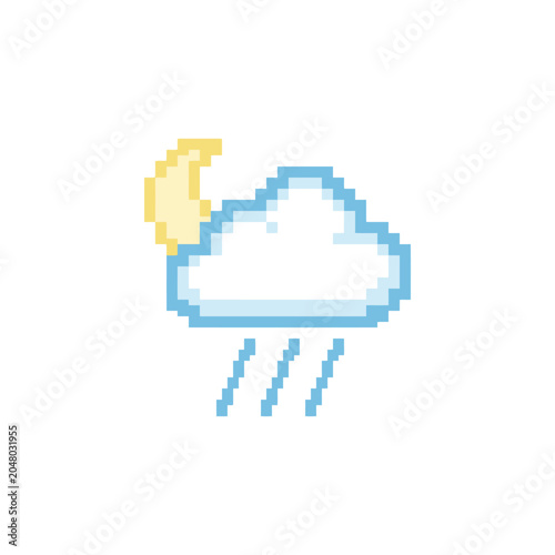 Crescent moon behind white cloud with rain pixel art.