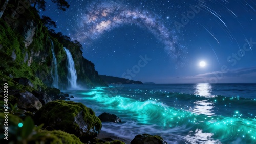 Nighttime coastal scene with waterfall and starry sky
