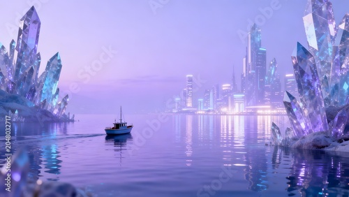 Futuristic crystal city by water