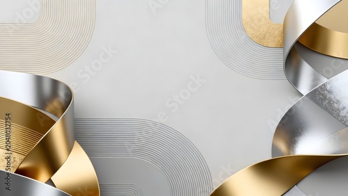 Abstract metallic ribbons on gray background