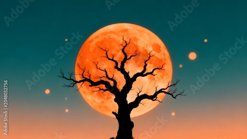 Silhouette of tree with orange moon