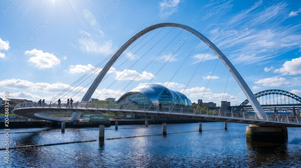 Fototapeta premium Modern white arch bridge spanning calm river with distant mountains under blue sky