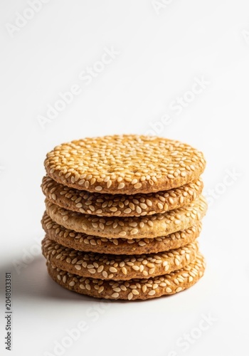 Crisp whole wheat sesame crackers stacked on a white background, highlighting the golden toasted seeds and crunchy artisanal texture, cereal, white background, ingredient