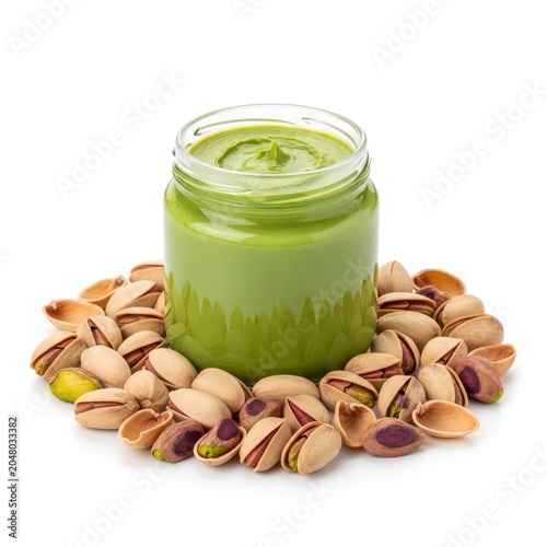 Creamy pistachio butter in a glass jar surrounded by whole nuts and shells, isolated on white background, realistic food photography style, swirl, ground, breakfast