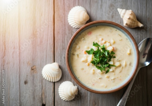 Delicious creamy clam chowder in a ceramic bowl with fresh parsley garnish, set against a rustic wooden surface with scattered sea shells, lunch, parsley, photography