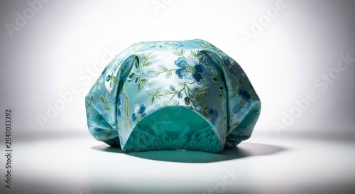 Elegant aqua satin nurse bonnet with delicate floral patterns sits on a bright studio floor. Stylish medical headwear with botanical detail, equipment, gear, accessory