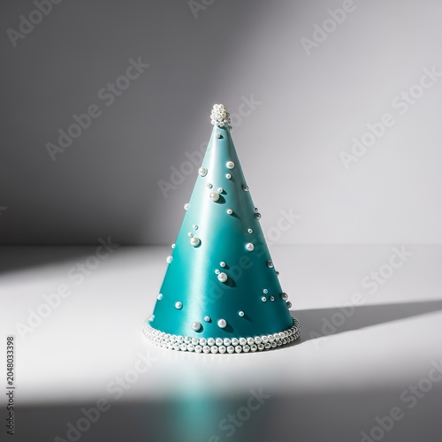 Elegant aqua ombre satin party hat adorned with delicate white pearls, standing on a clean studio floor in a minimal, bright setting, fashion, gala, turquoise
