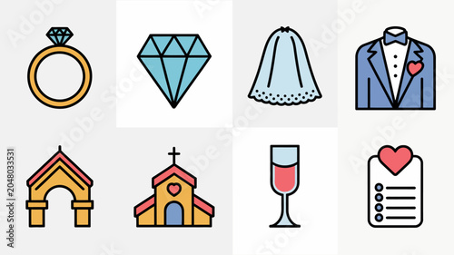 Tableau sur toile Wedding and religious ceremony icons set.