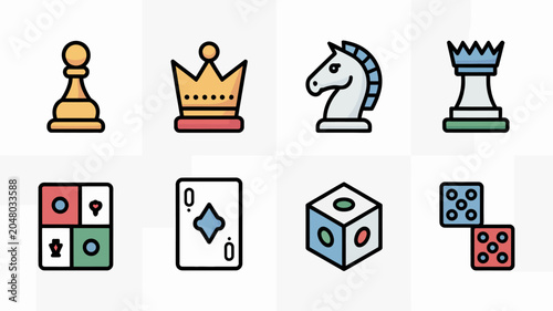 Bild auf Leinwand Colorful chess and domino game icons set.