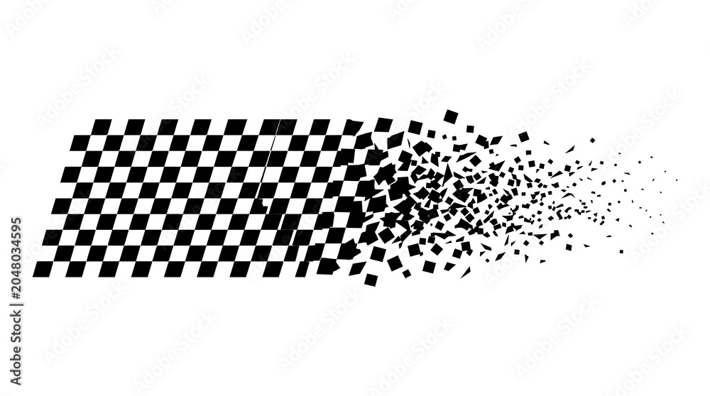 Fototapeta premium Black and white checkered racing flag pattern dissolving into small square particles.