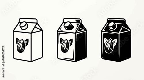 Artistic woodcut style almond milk carton illustrations in black and white.