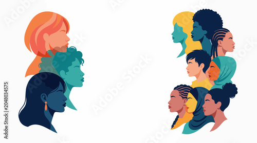 Artistic profiles of diverse women's faces in overlapping colorful layers.