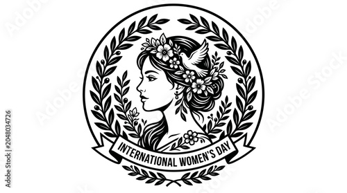 Black and white vintage style International Women's Day emblem with laurel wreath.