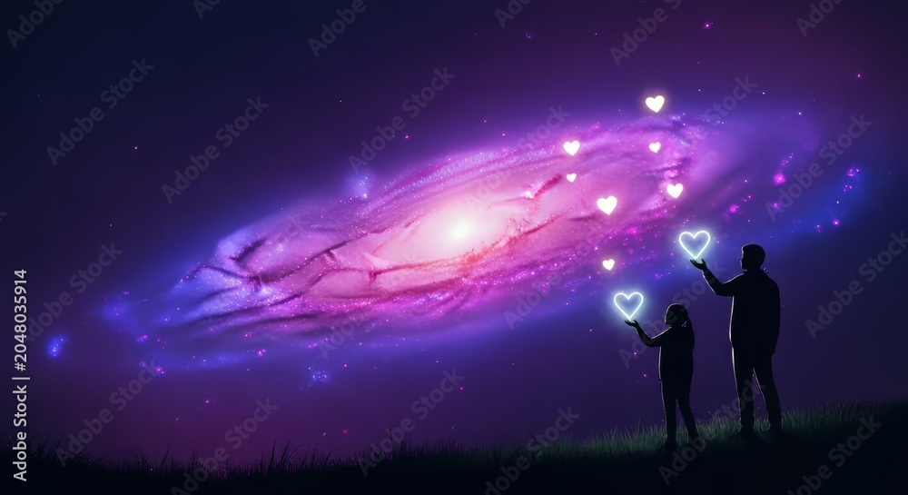 Naklejka premium Two dark silhouettes stand upon a grassy ridge, releasing luminous heart-shaped drones into a vibrant galaxy of purple light and tiny stars, night, technology, shape