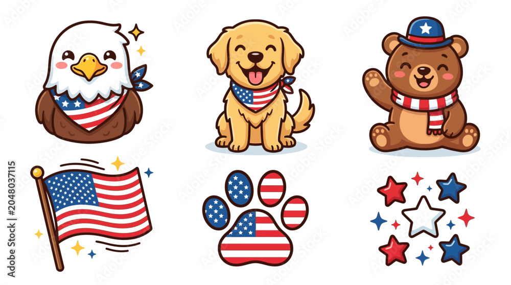 Fototapeta premium Patriotic animals celebrate Independence Day with American flags and stars