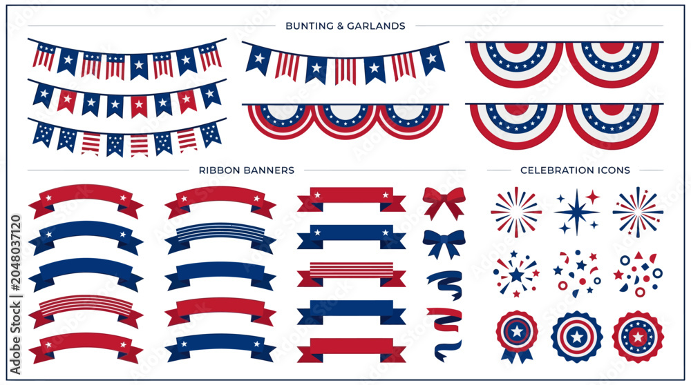 Obraz premium Patriotic decorations and banners with red, white, and blue colors are hung.