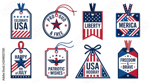 Patriotic tags celebrate Independence Day with American symbols and phrases.