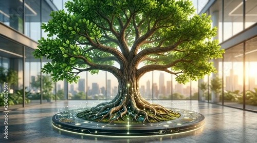 Ultra realistic conceptual business illustration, a magnificent tree growing from a modern digital platform