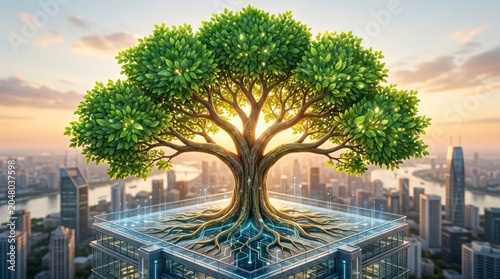 Ultra realistic conceptual business illustration, a magnificent tree growing from a modern digital platform