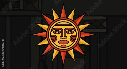 Bild auf Leinwand Stylized Sun Symbol with Human Face, Ancient Art Style