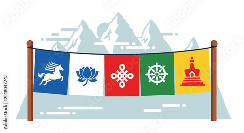 Tableau sur toile Tibetan Prayer Flags Mountains Snow Buddhist Symbols