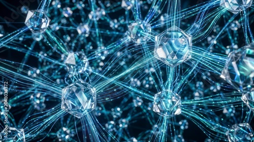Extreme close-up of a futuristic AI-driven financial network, elegant transparent crystalline structures