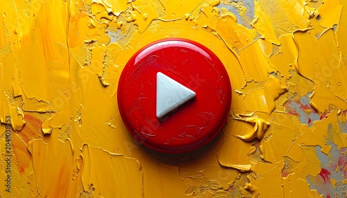 A vibrant, textured artwork showcasing a glossy red circle with a white triangle play button, set against a background of thick yellow paint