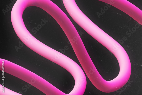 Fotografia 3D neon pink tubular abstract shape with retro film dust and scratches overlay