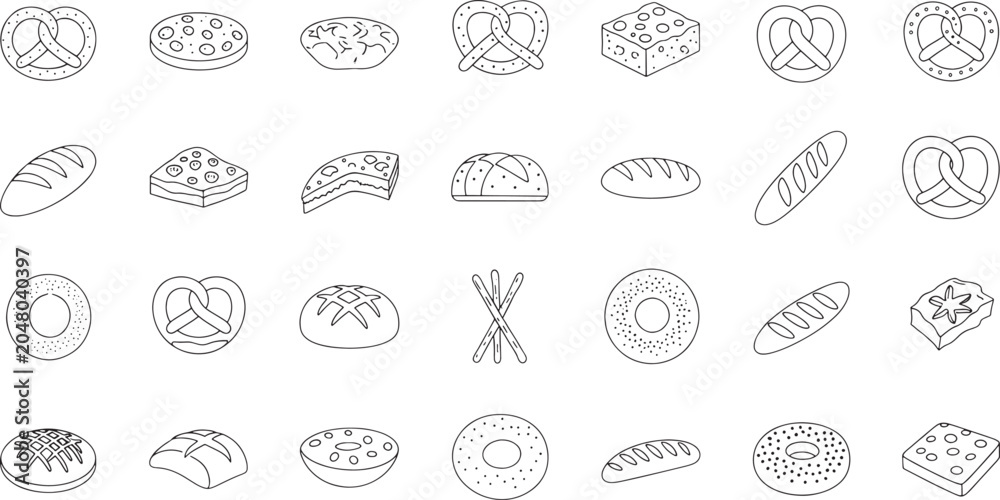 Fototapeta premium Collection of black and white line of various baked goods and bread pretzel bagel pastry