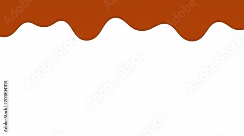 Close up of a chocolate drizzle with a glossy texture and smooth curves contrasting against a white background
